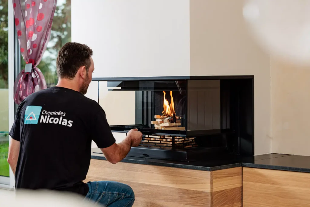 Expert de Cheminées Nicolas installant une cheminée trois faces Rüegg RIII dans un salon contemporain à Cordemais.