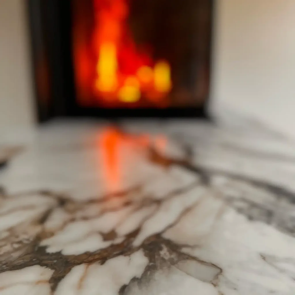 Gros plan sur le revêtement en céramique au rendu naturel et élégant d'une cheminée contemporaine.